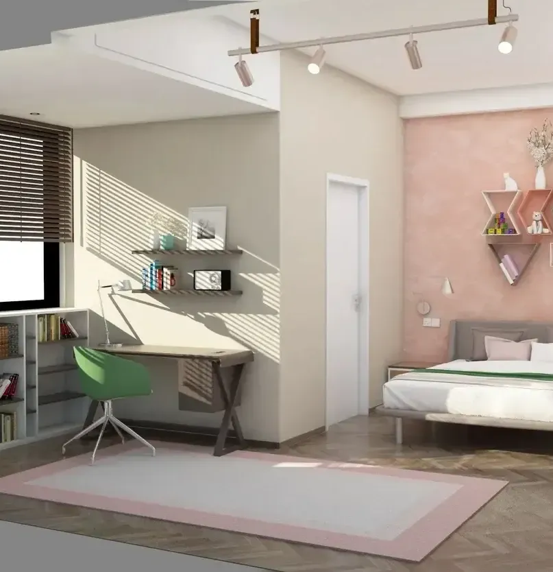 A modern and functional teenager bedroom with a study desk, green office chair, and minimalist decor.