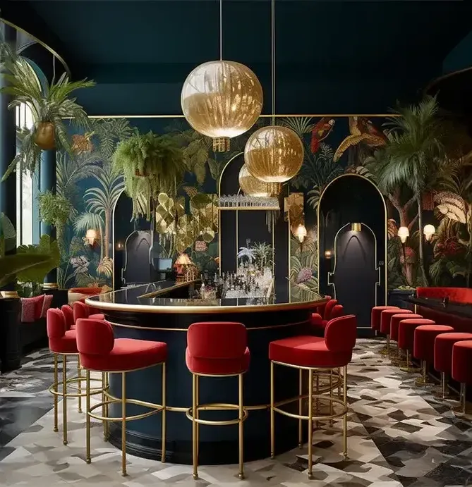 A luxurious and moody bar interior with dark walls, gold accents, red velvet bar stools, and lush greenery.